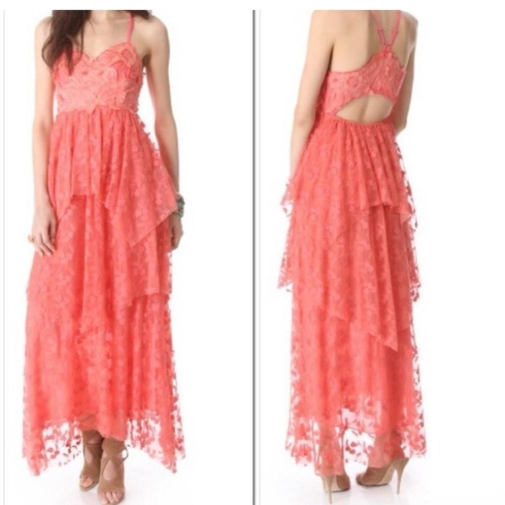 Free People Coral Flower Embroidered Tiered Lace Open Back Maxi Dress - 4 - Picture 15 of 15